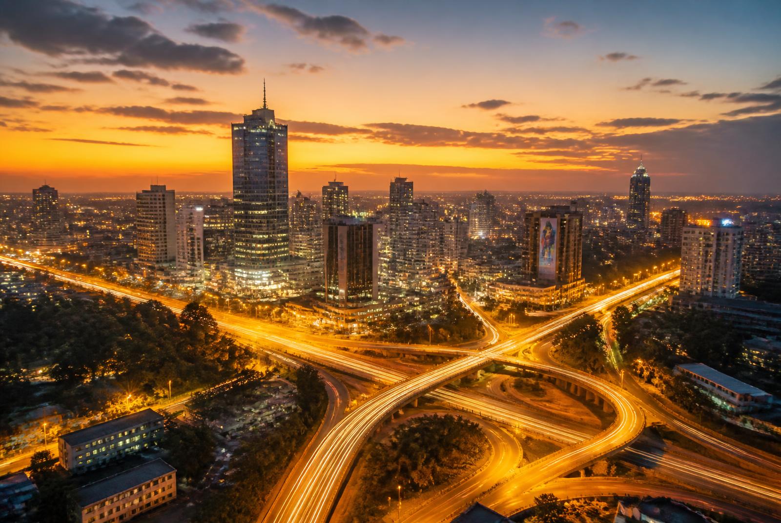 A growing African city skyline connected by light trails at dusk